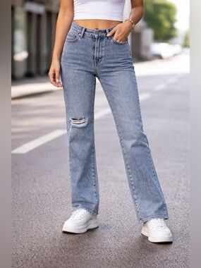 Express Women's Flare Jeans in Acid Wash Blue with Distressed Knee